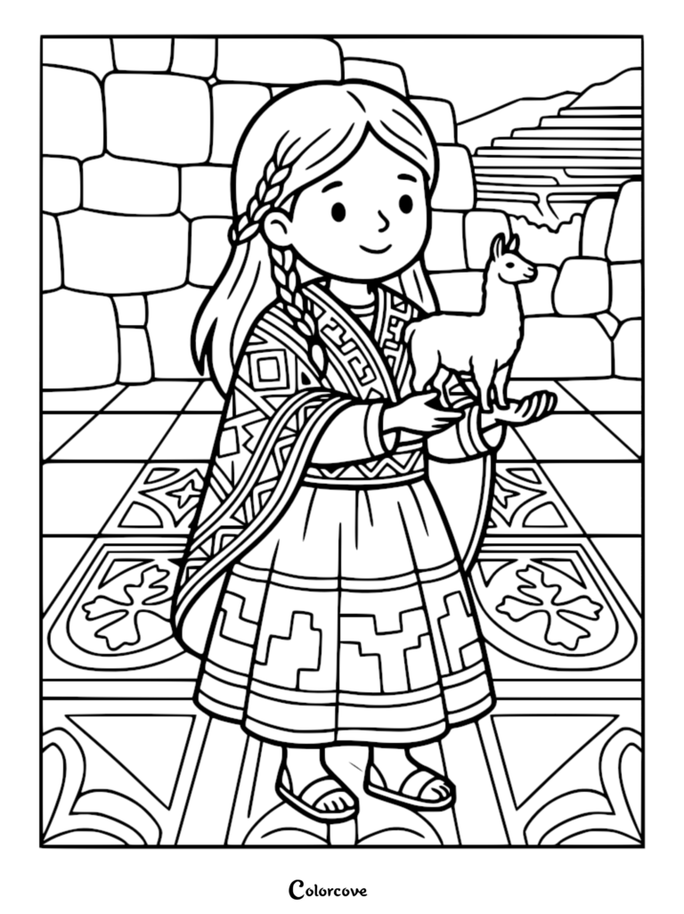 An Incan princess wearing traditional patterned clothing holding a small llama in front of ancient stone ruins, printable coloring page.