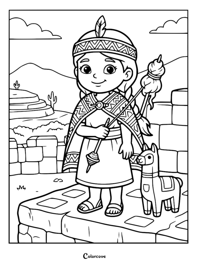 An Incan princess wearing traditional patterned clothing and a headband, holding a spindle with a small llama standing beside her in an ancient stone setting, coloring page.