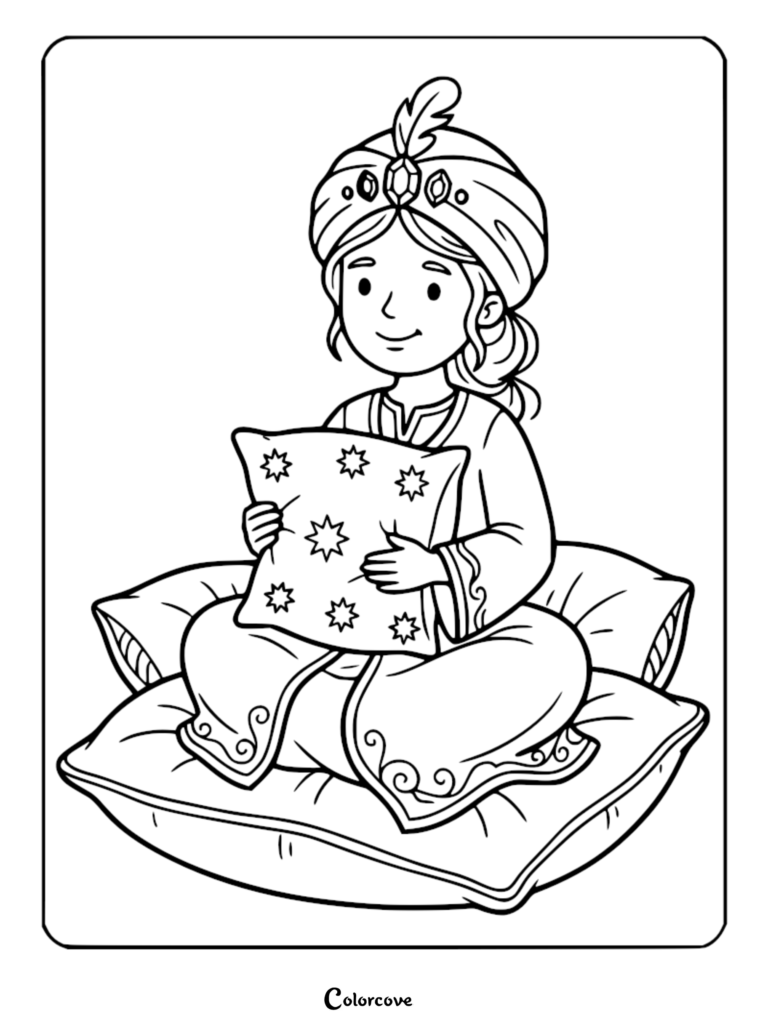 Ottoman princess wearing a caftan and jeweled turban sitting on a large cushion holding a star-patterned pillow coloring page
