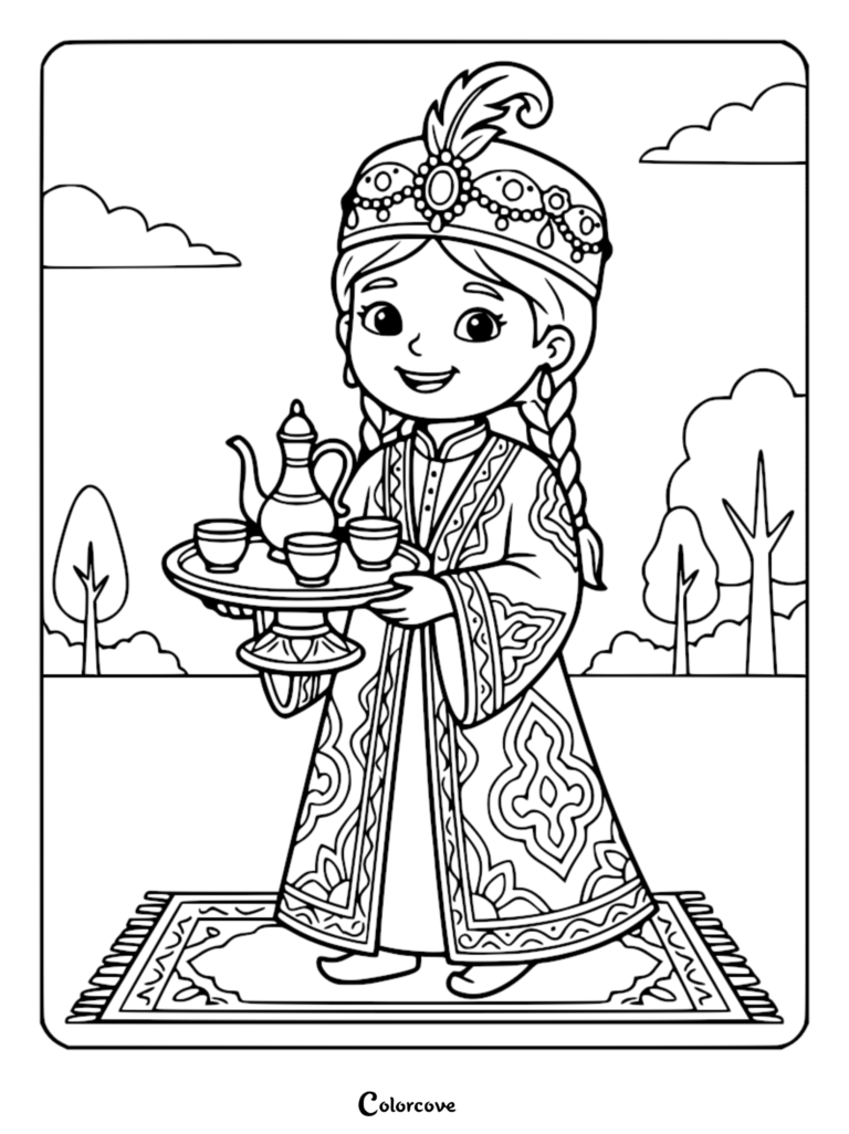 An Ottoman princess wearing a feathered headdress and traditional patterned robe holding a tea tray on a rug, printable coloring page.