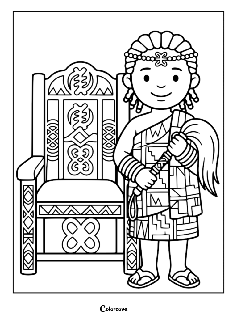 A Ghanaian Ashanti princess wearing a traditional Kente cloth and holding a fly whisk next to an ornate throne in this printable coloring page.