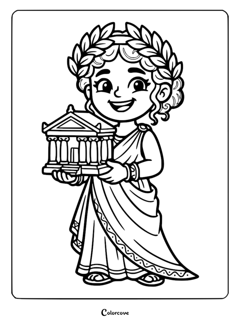 A cute Greek princess wearing a laurel wreath and traditional chiton holding a miniature Parthenon temple in this printable coloring page.