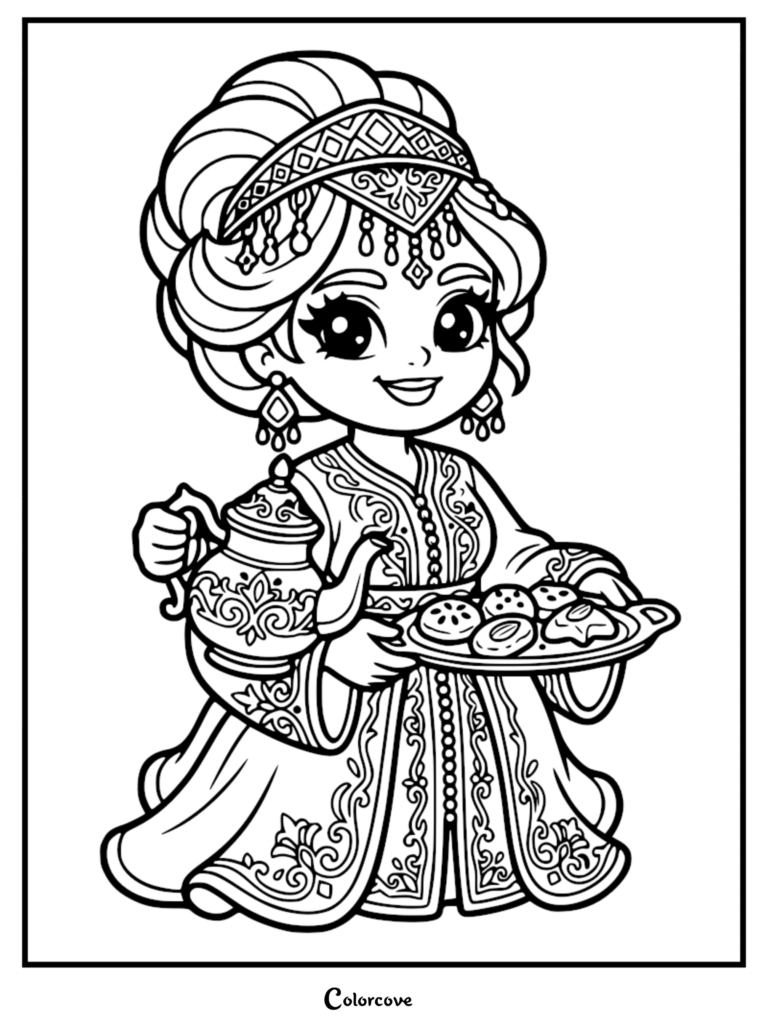 A cute Moroccan princess wearing a traditional kaftan and ornate headpiece, holding a teapot and a tray of cookies in this printable coloring page.