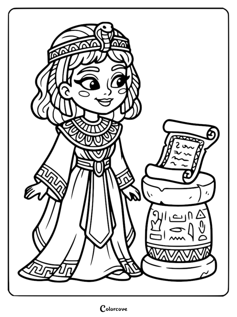 A cute princess from Egypt wearing a traditional headdress with a cobra, standing next to an ancient stone pedestal with a scroll, printable coloring page.