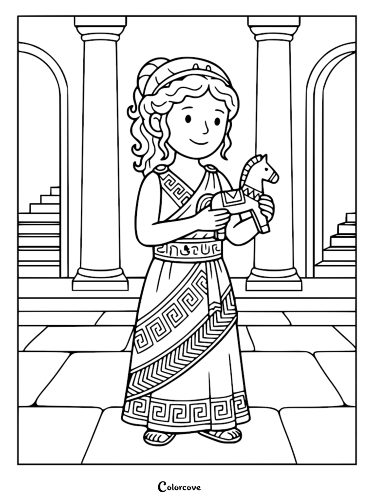 A Greek princess from the Mycenaean era holding a small toy horse in a palace, printable coloring page.