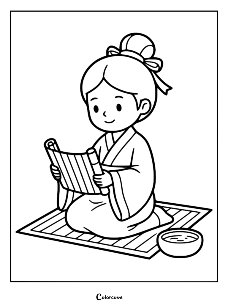 A Han dynasty princess sitting on a mat reading a bamboo scroll, printable coloring page.