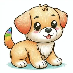 Cute cartoon puppy coloring page with rainbow tail, perfect for kids' art activities and developing creativity.