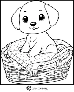 Cute puppy coloring page sitting in a basket, perfect for kids' art activities.