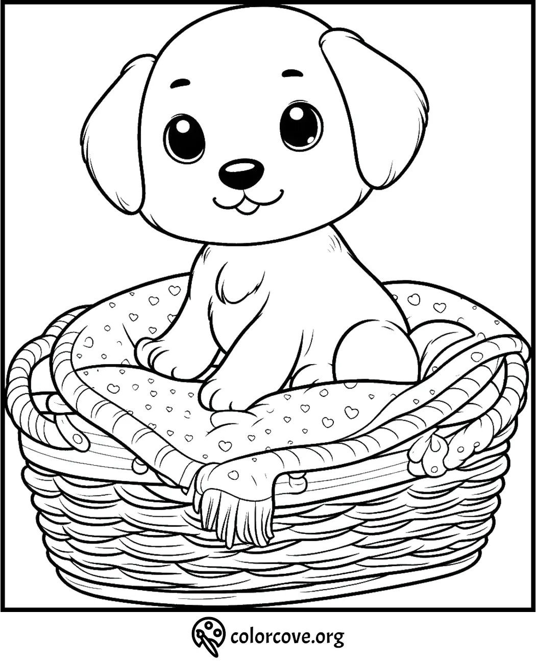 Cute puppy coloring page sitting in a basket, perfect for kids' art activities.