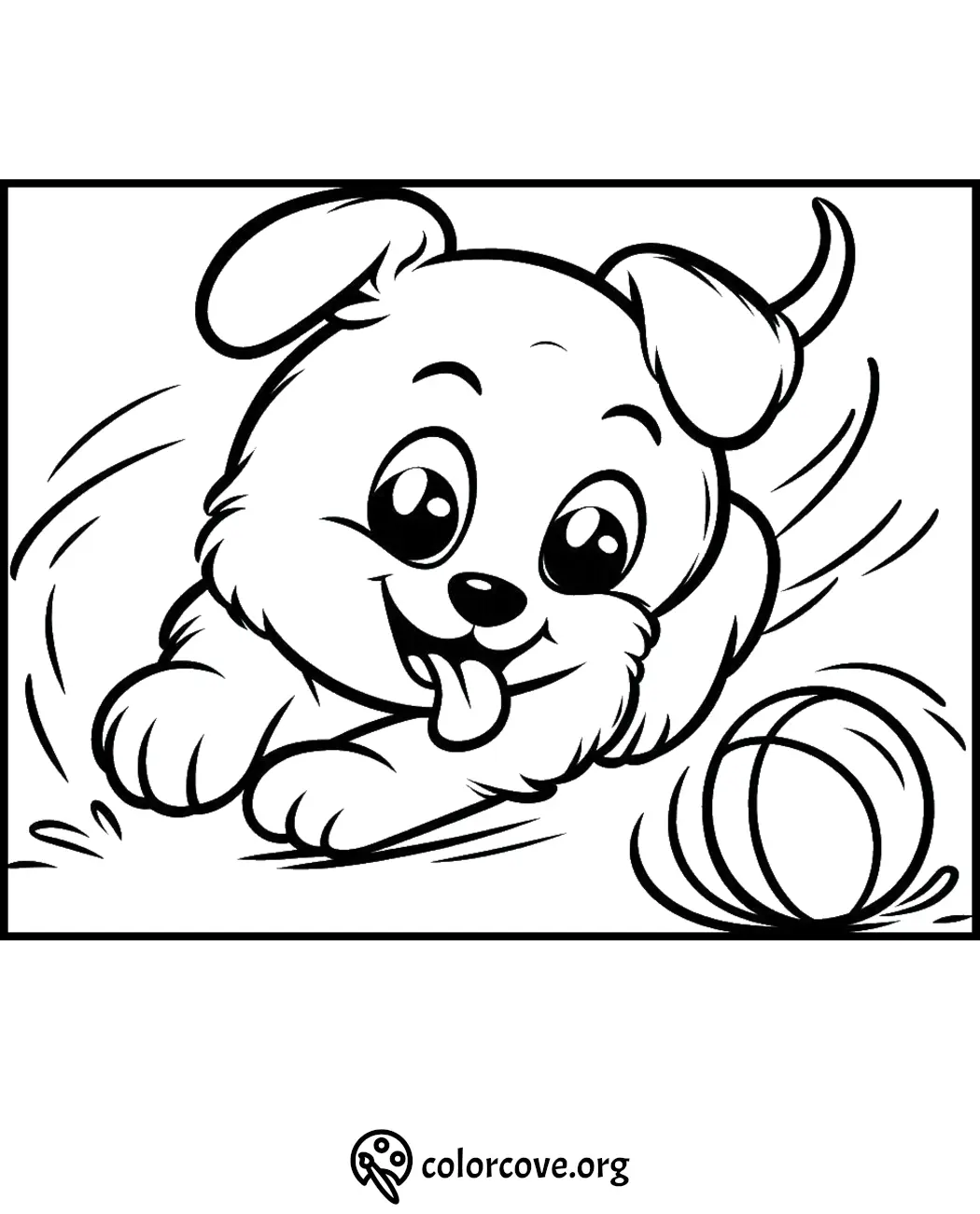 Cute puppy playing with a ball coloring page for kids' fun and creativity.