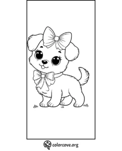 Cute puppy coloring page with bows on its head and neck, ideal for kids' art activities.