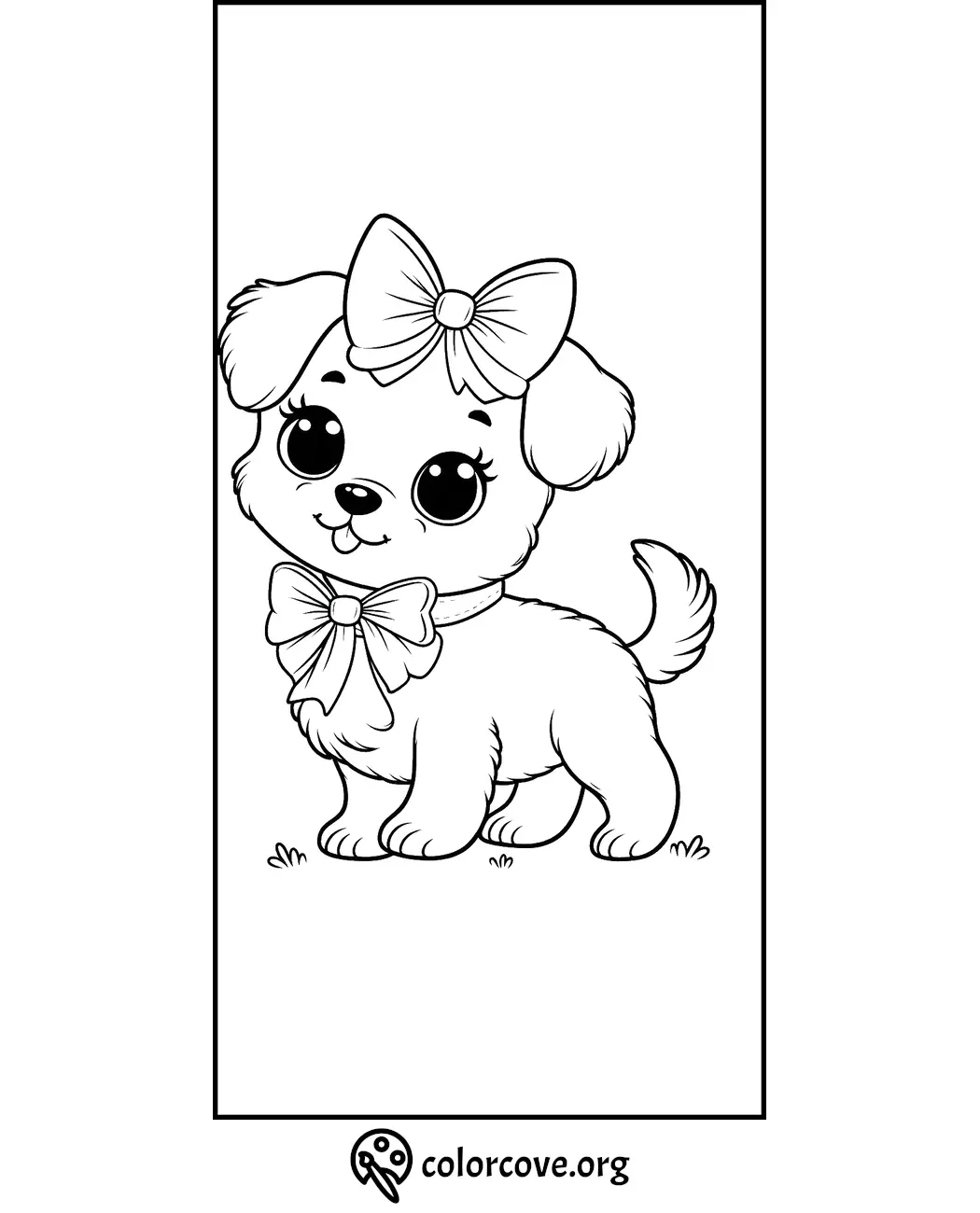 Cute puppy coloring page with bows on its head and neck, ideal for kids' art activities.