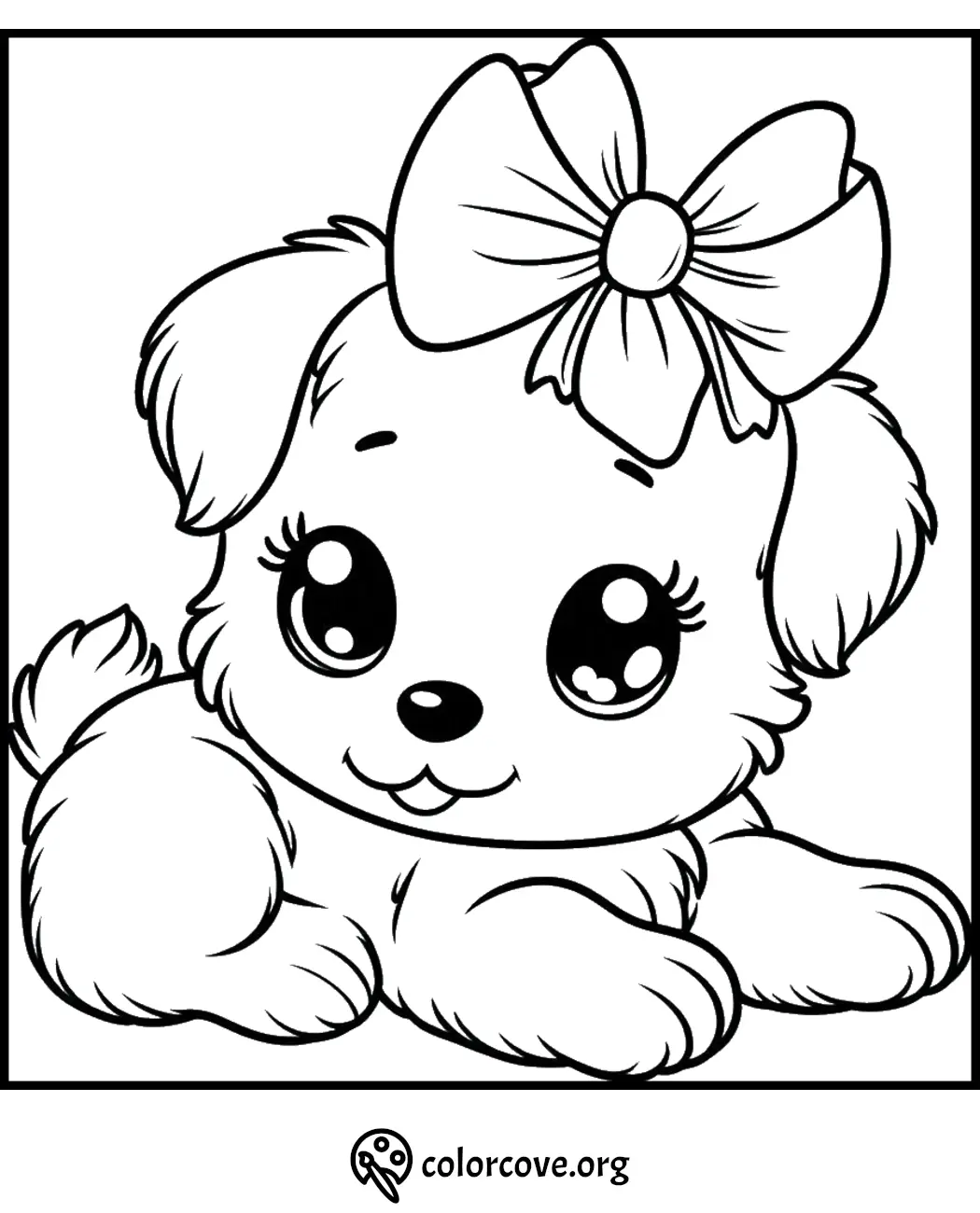 Cute puppy with a big bow coloring page, perfect for kids to color and enjoy creative fun.