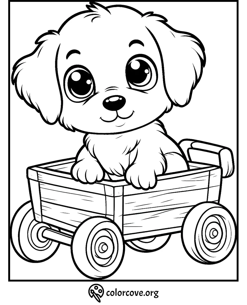 Cute puppy in a wagon coloring page for kids. Fun and engaging printable activity for children's creativity.