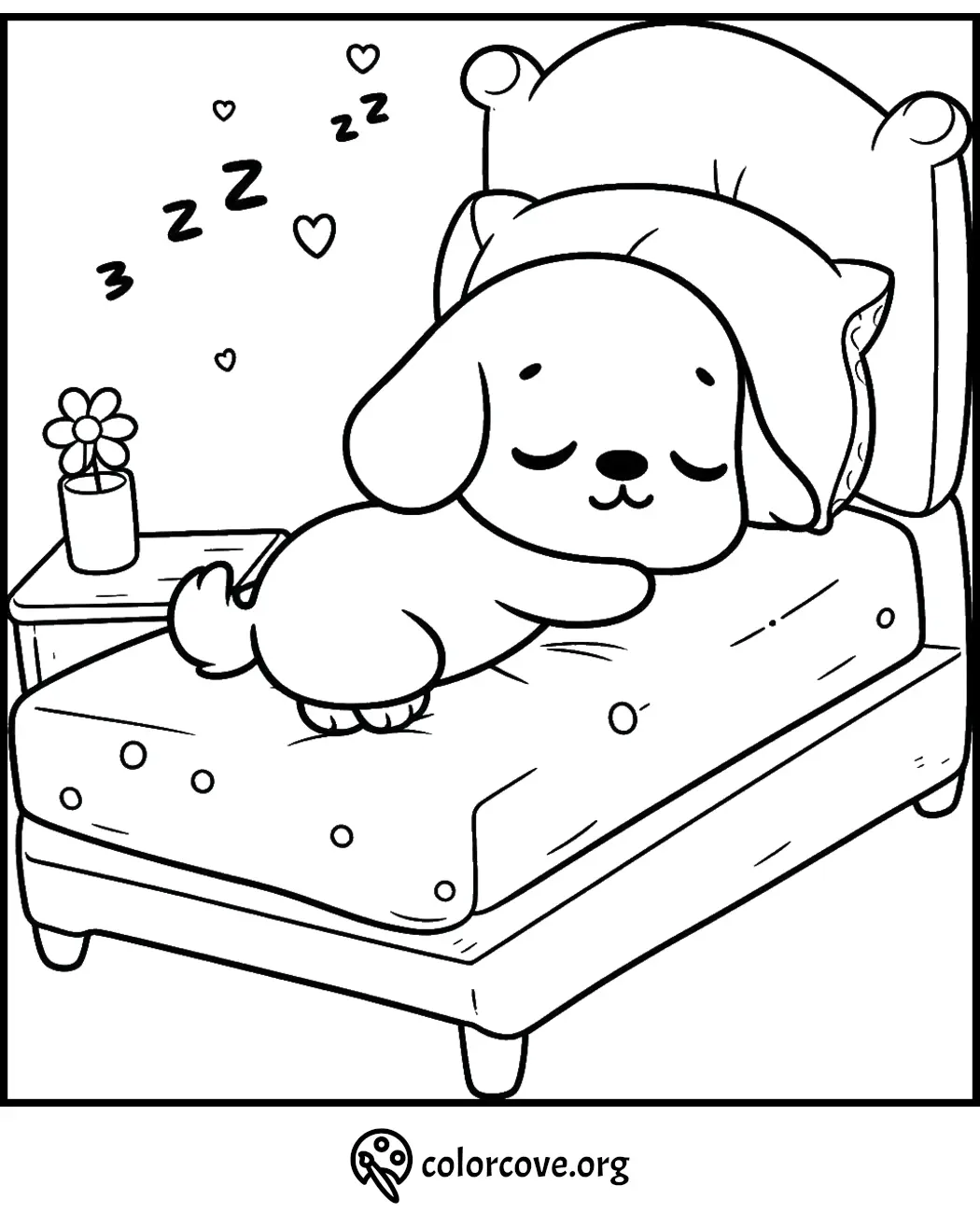 Cute sleeping puppy on a bed coloring page with flower vase, hearts, and Z's. Perfect for kids' art activities.