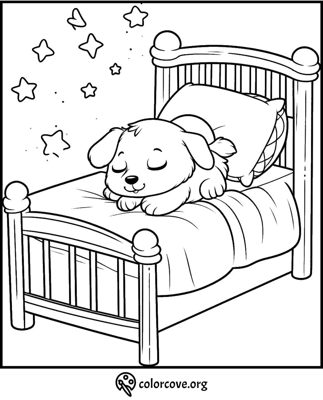 Cute puppy sleeping on a bed with stars in a coloring page, perfect for kids' bedtime coloring activities.