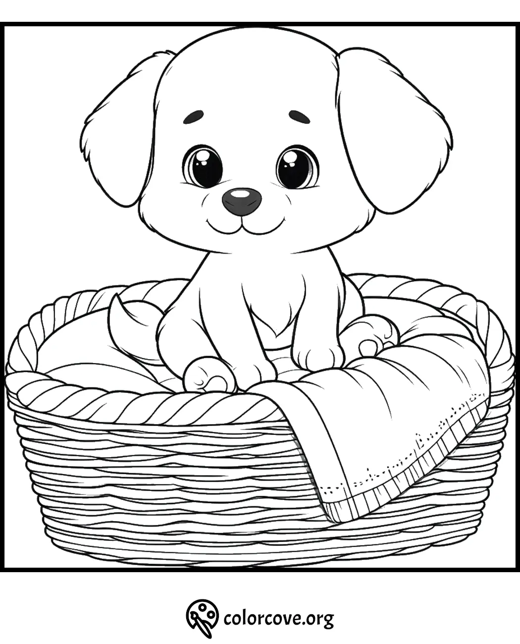 Cute puppy in basket coloring page for kids to print and enjoy. Fun and relaxing drawing activity.