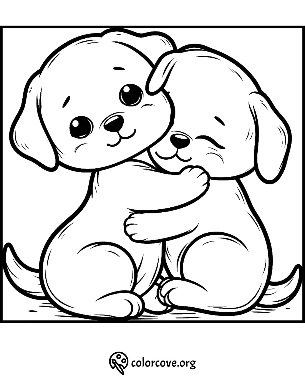 Cute puppy coloring page featuring two hugging puppies, perfect for kids' coloring fun.