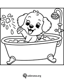 Cute puppy in a bathtub coloring page, perfect for kids to add colorful fun during bath time.