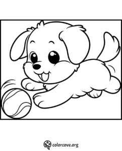 Cute puppy playing with a ball coloring page for kids, printable animal activity sheet.