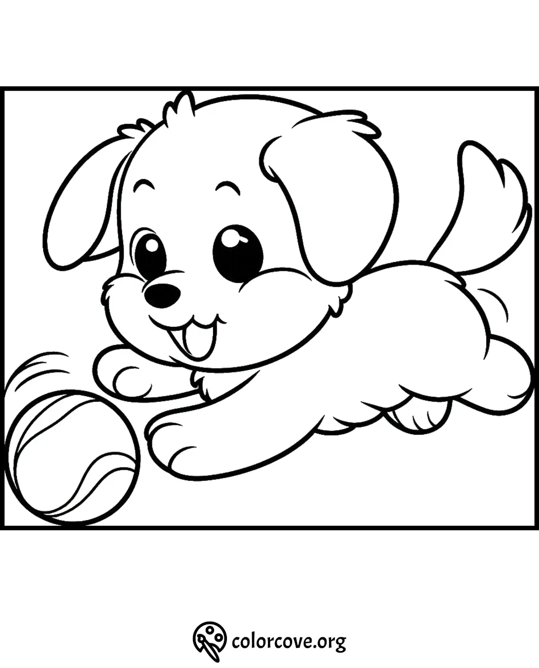 Cute puppy playing with a ball coloring page for kids, printable animal activity sheet.