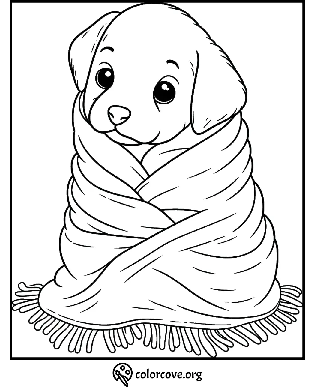 Cute puppy wrapped in a cozy blanket coloring page for kids. Fun printable for creativity and relaxation.