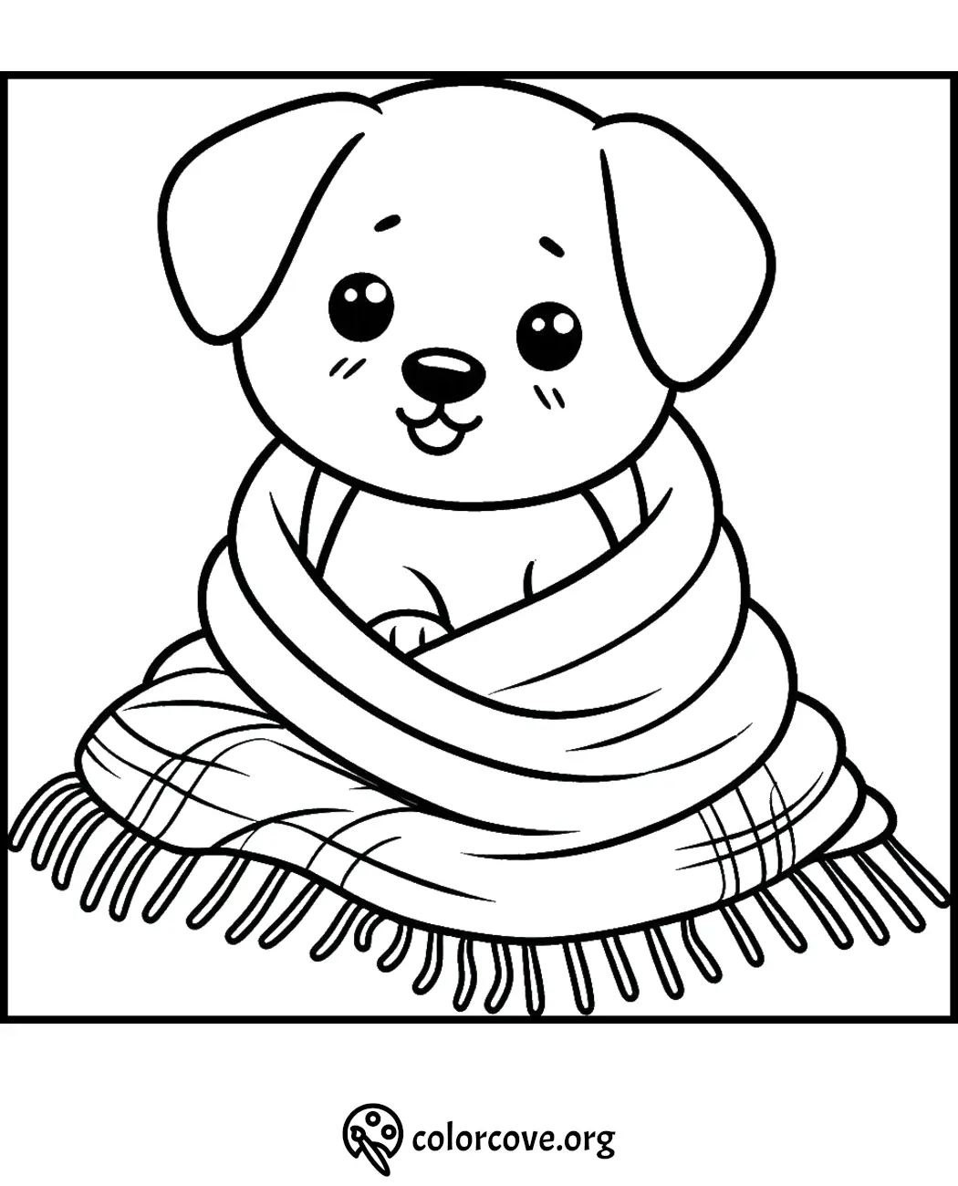 Cute puppy wrapped in a cozy blanket coloring page for kids. Free printable dog illustration for coloring fun.