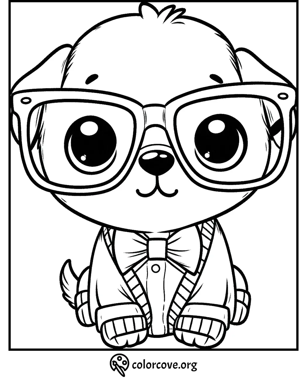 Cute puppy coloring page wearing glasses and a bow tie, perfect for kids' creative activities.