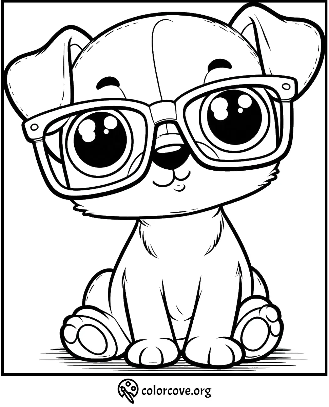 Cute puppy wearing large glasses coloring page for kids, printable and fun educational activity.