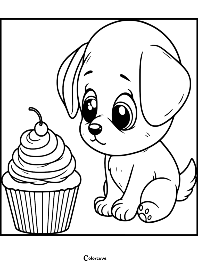 A cute puppy with large expressive eyes sitting next to a frosted cupcake topped with a cherry in this printable coloring page.
