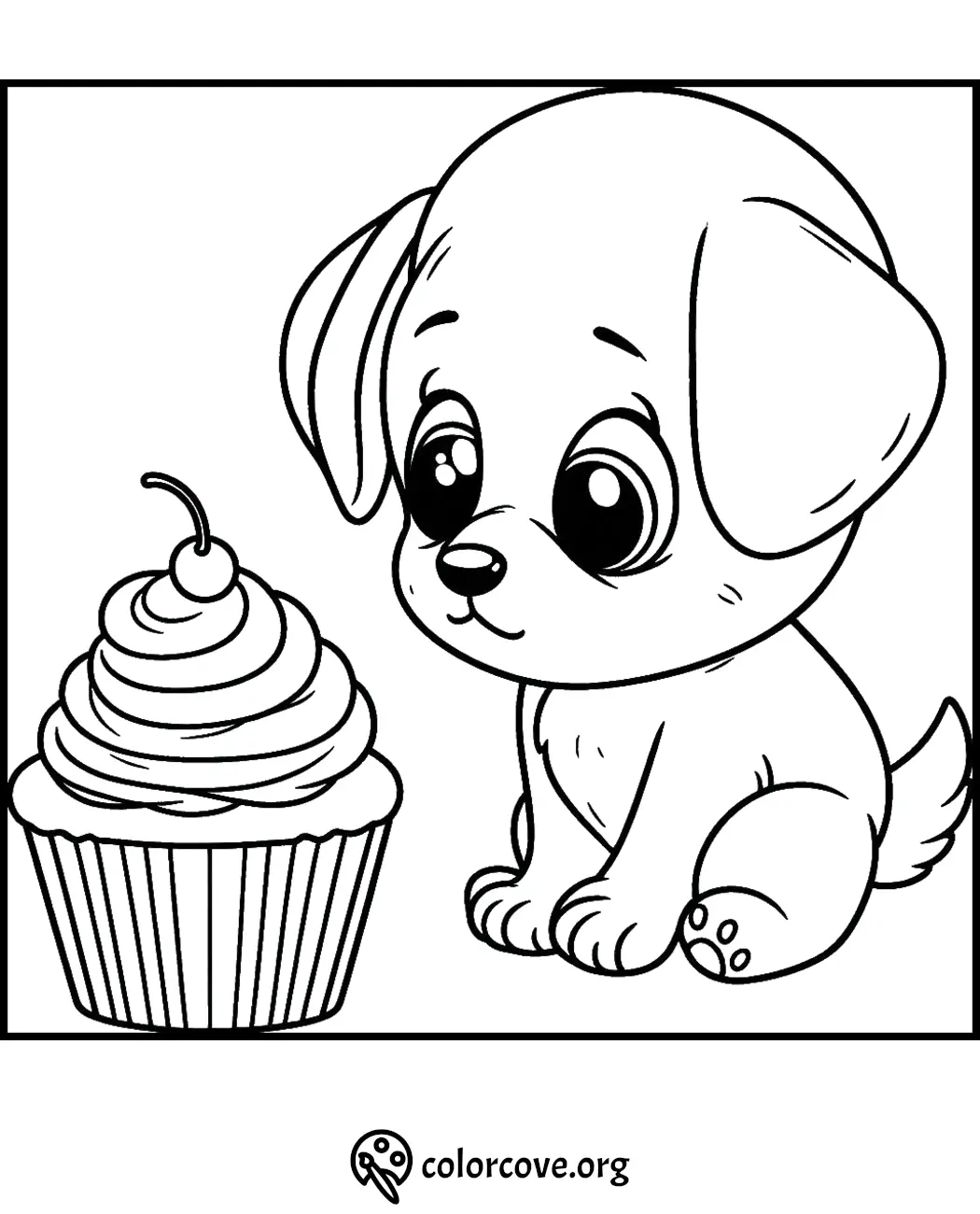 Cute puppy and cupcake coloring page: adorable puppy sitting beside a cupcake waiting to be colored.