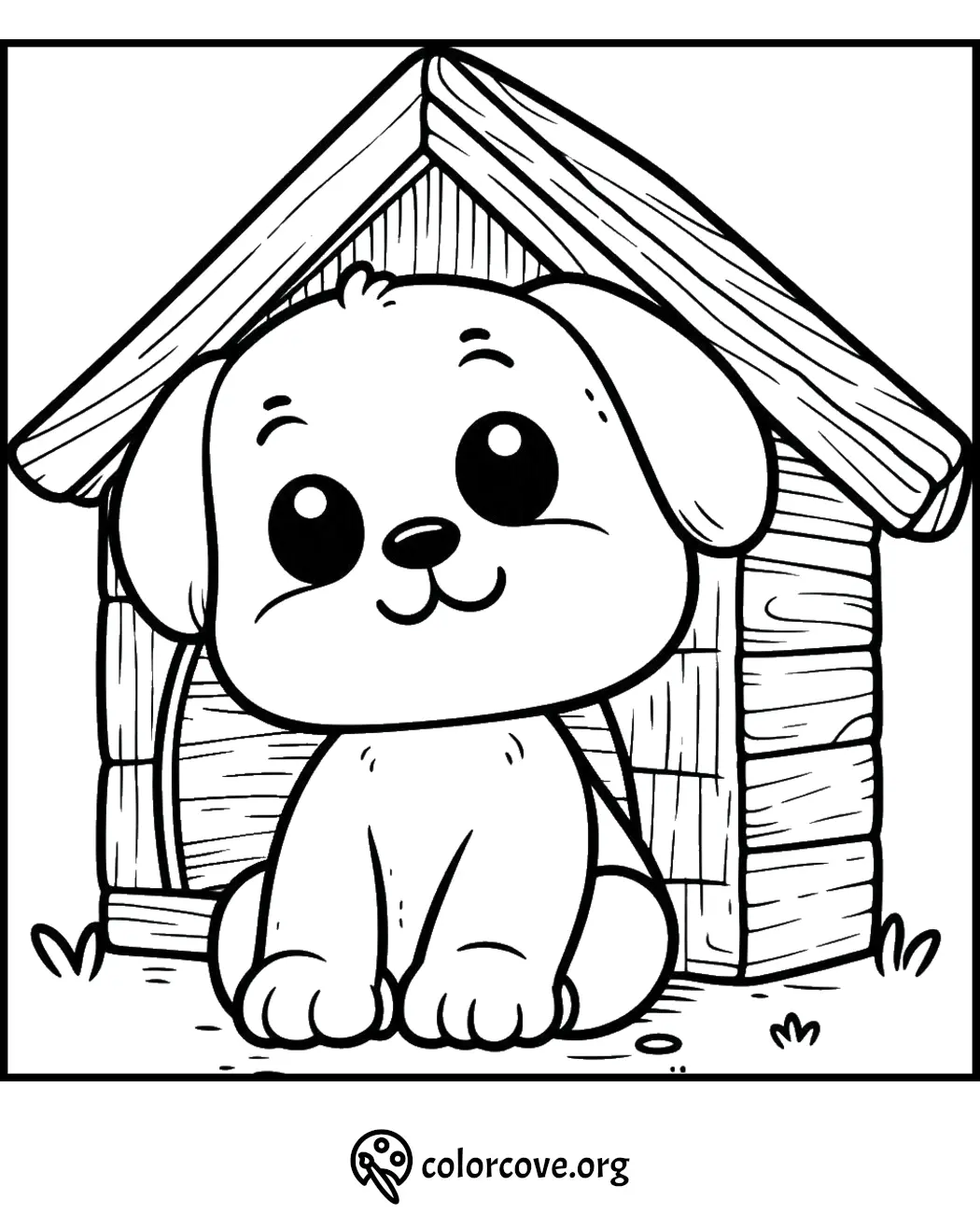 Cute puppy coloring page with a doghouse for kids to color and enjoy.