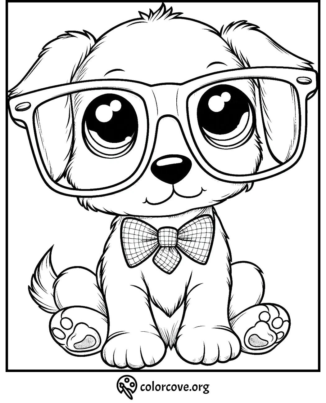 Cute puppy with glasses and bow tie coloring page for kids. Black and white line art.