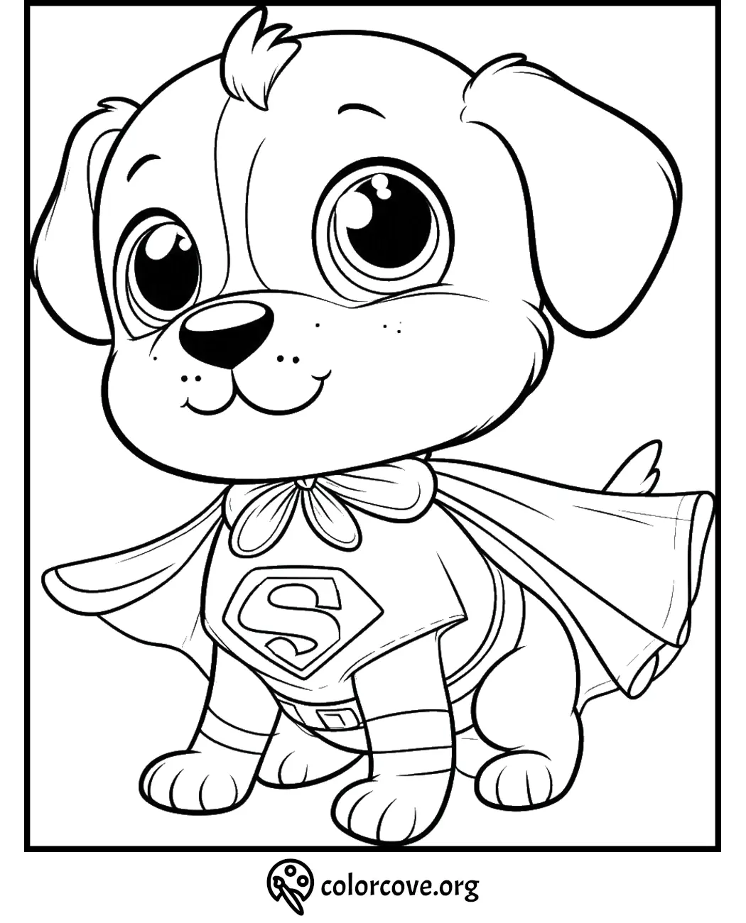 Cute superhero puppy coloring page for kids, featuring a pup in a cape and costume, ready for adventure.