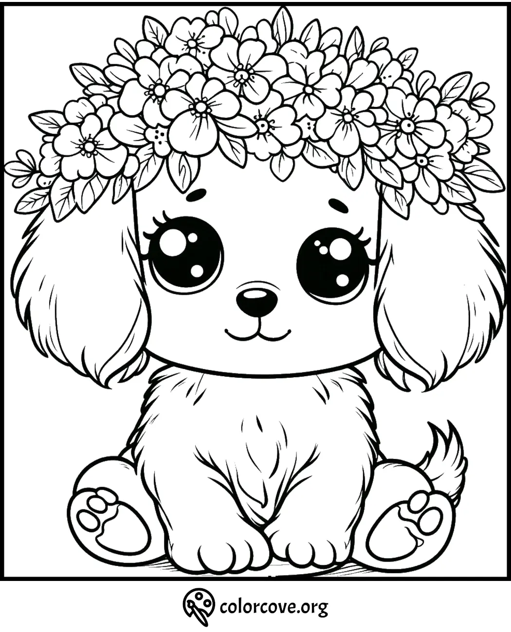 Cute puppy coloring page with flower crown, perfect for kids' creative activities and fun.