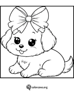 Adorable puppy coloring page with a big bow, perfect for kids' creative fun.