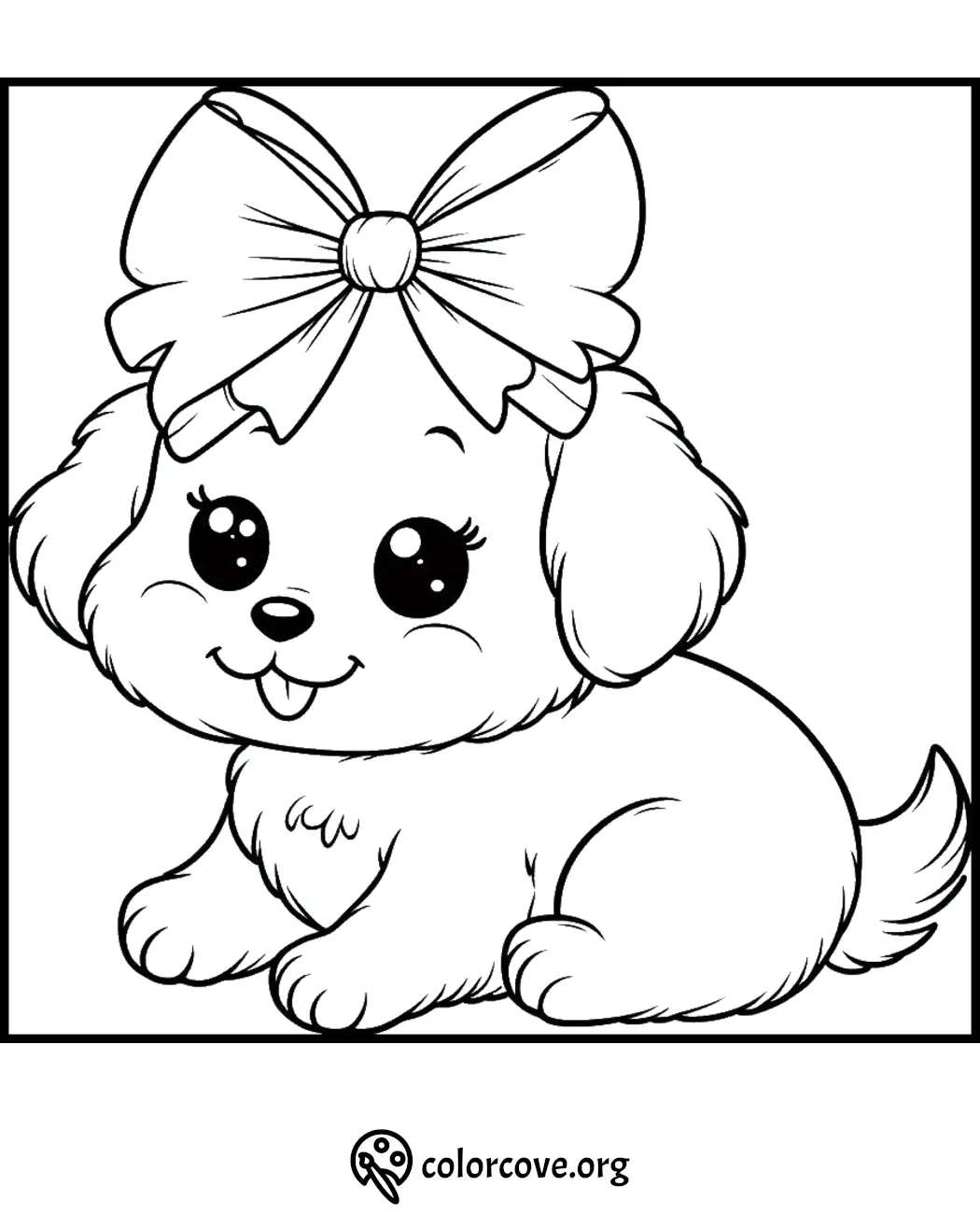 Adorable puppy coloring page with a big bow, perfect for kids' creative fun.