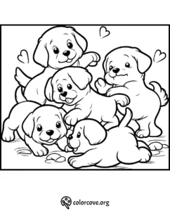 Cute puppies coloring page with playful dogs and heart shapes, perfect for kids' creative activities and fun.
