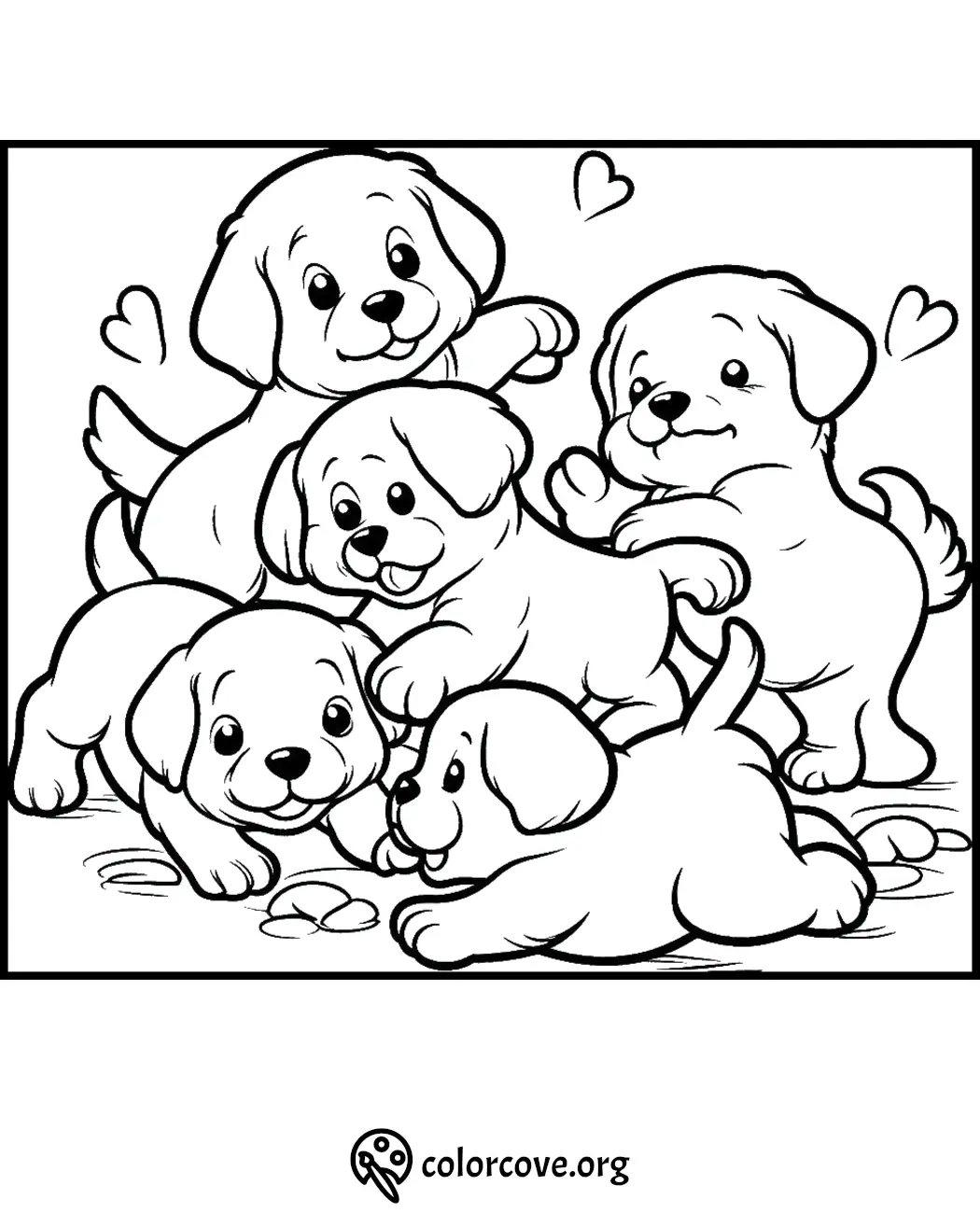 Cute puppies coloring page with playful dogs and heart shapes, perfect for kids' creative activities and fun.