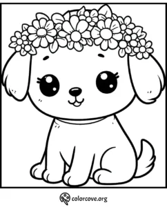 Cute puppy coloring page with flower crown for kids to color and enjoy. Perfect for creative fun and relaxation.
