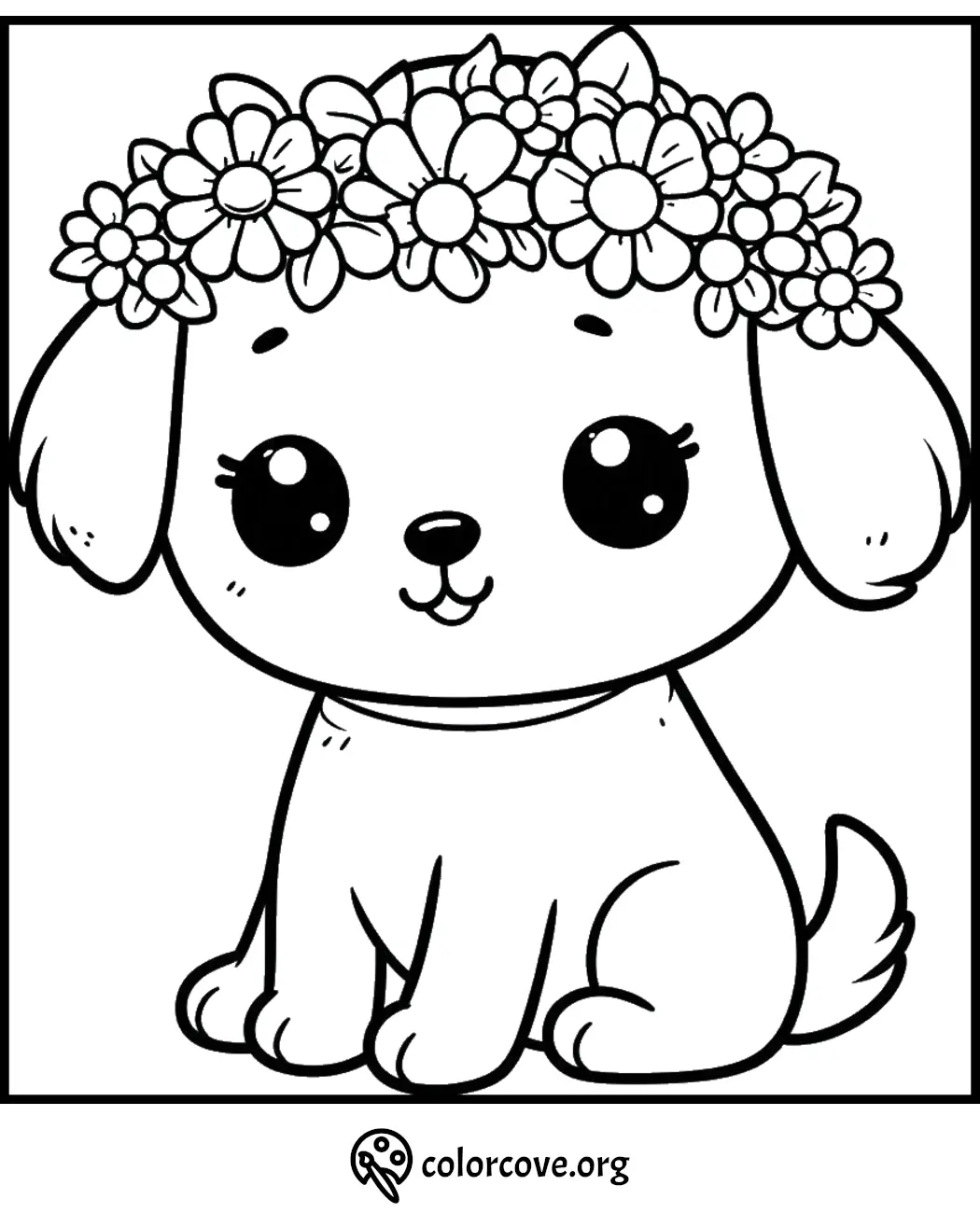 Cute puppy coloring page with flower crown for kids to color and enjoy. Perfect for creative fun and relaxation.