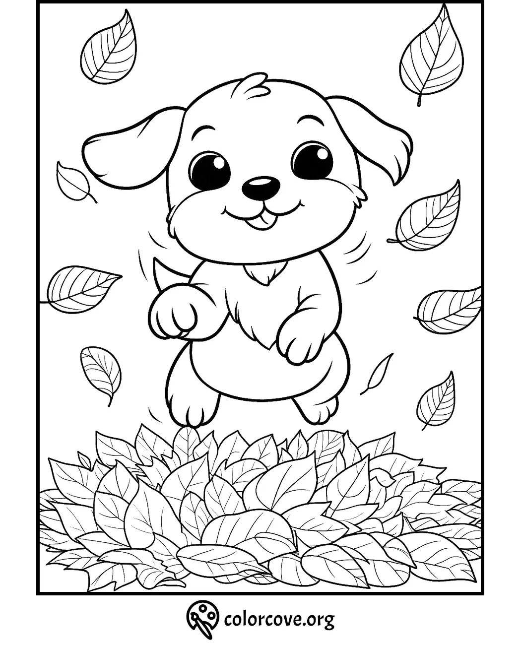 Cute puppy jumping in leaves coloring page, perfect for kids' autumn-themed art activities.