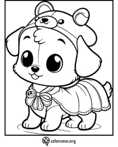 Cute puppy in bear costume coloring page for kids. Print and color an adorable pet in a fun outfit.
