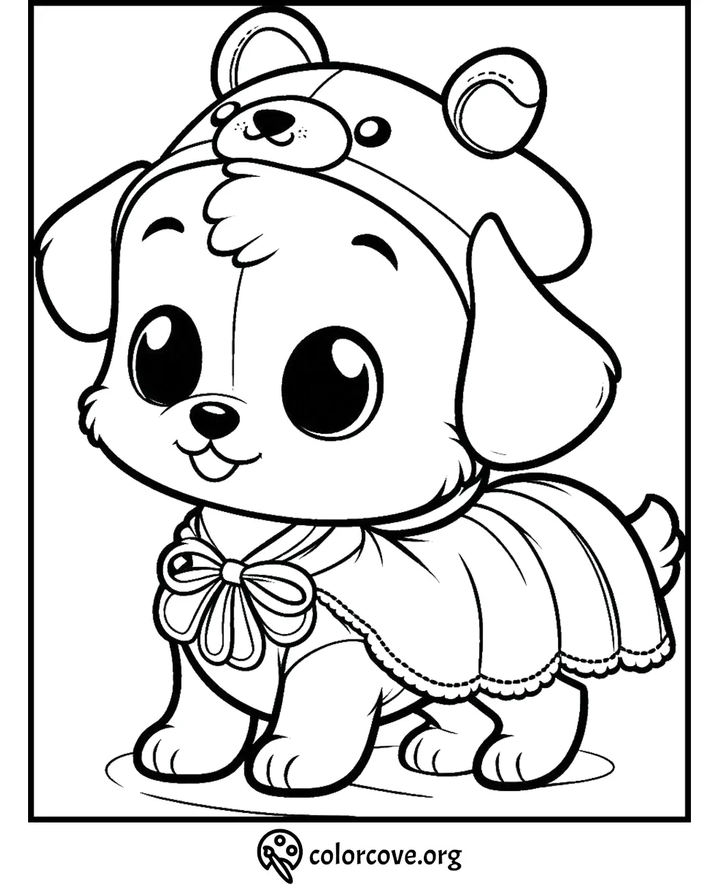 Cute puppy in bear costume coloring page for kids. Print and color an adorable pet in a fun outfit.