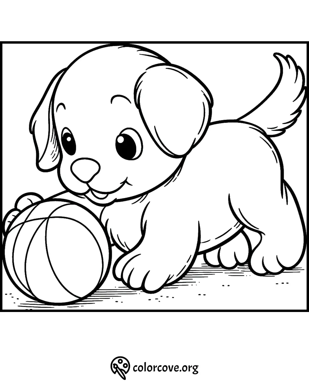 Cute puppy playing with a ball coloring page for kids. Fun and creative activity for children.