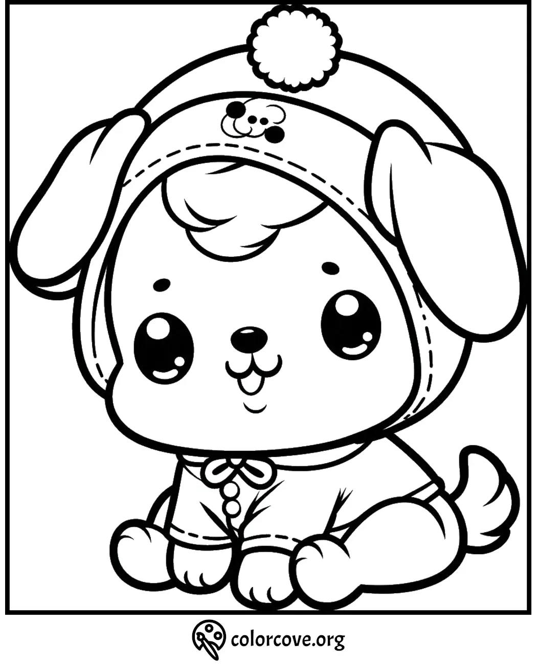 Adorable puppy coloring page with a cozy knitted hat perfect for kids' creative fun. Download and print!