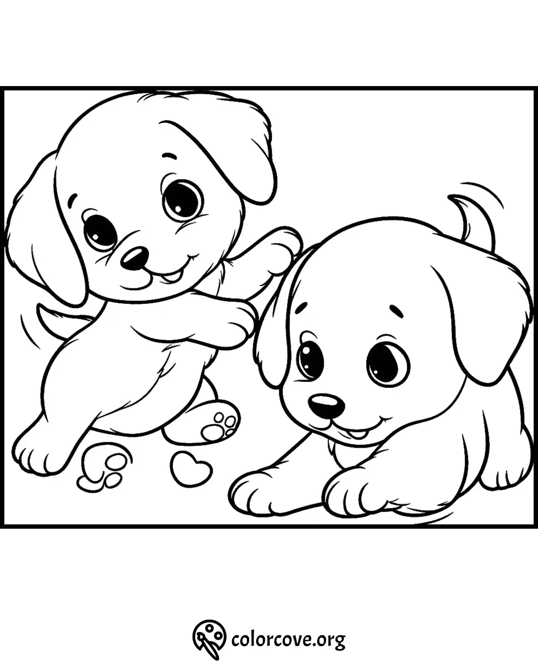 Cute puppies coloring page for kids' fun and creativity. Perfect for printing and coloring activities.