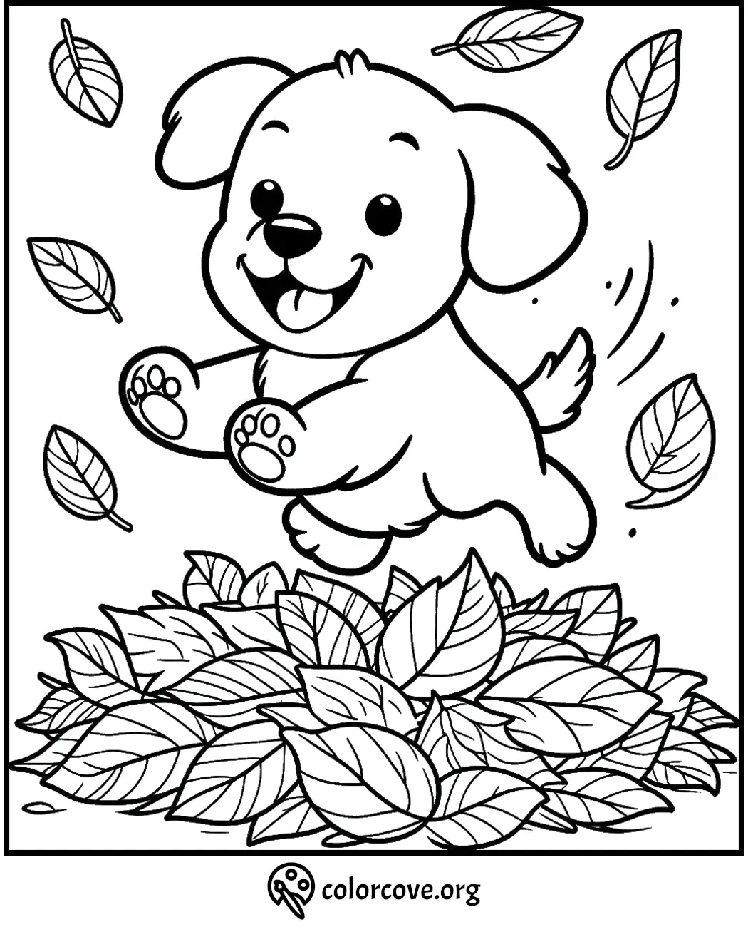 Playful puppy jumping in a pile of leaves coloring page for kids to enjoy and color.