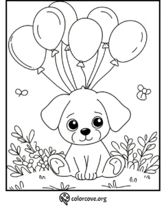 Cute puppy coloring page with balloons, plants, and butterflies. Ideal for kids' creative coloring activities.