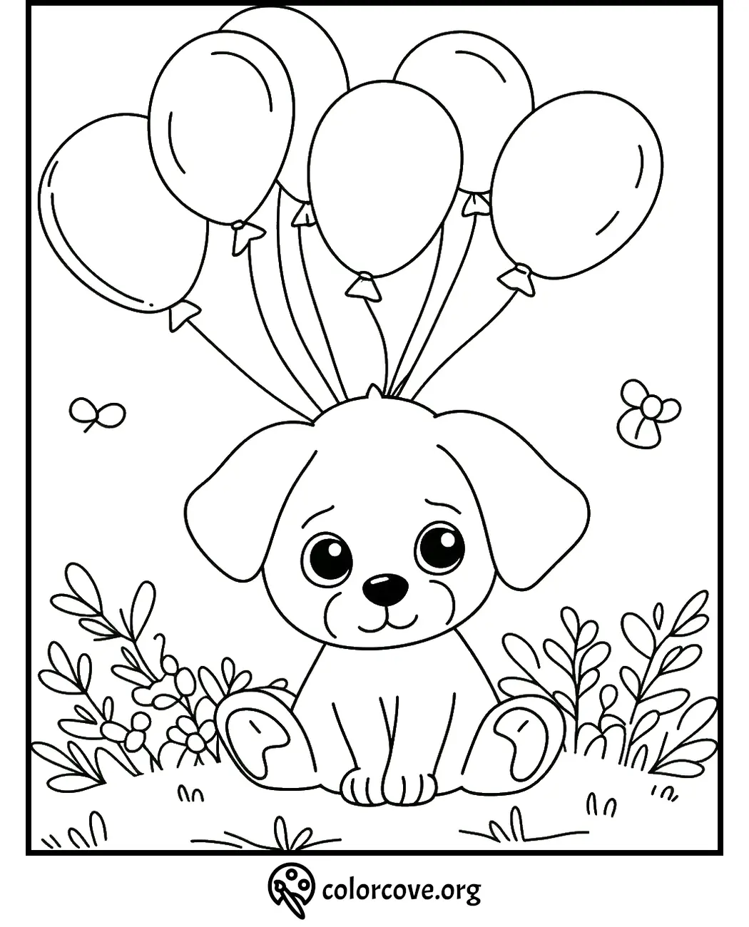 Cute puppy coloring page with balloons, plants, and butterflies. Ideal for kids' creative coloring activities.